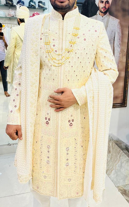 Cream Groom Sherwani: Indian Wedding Outfit