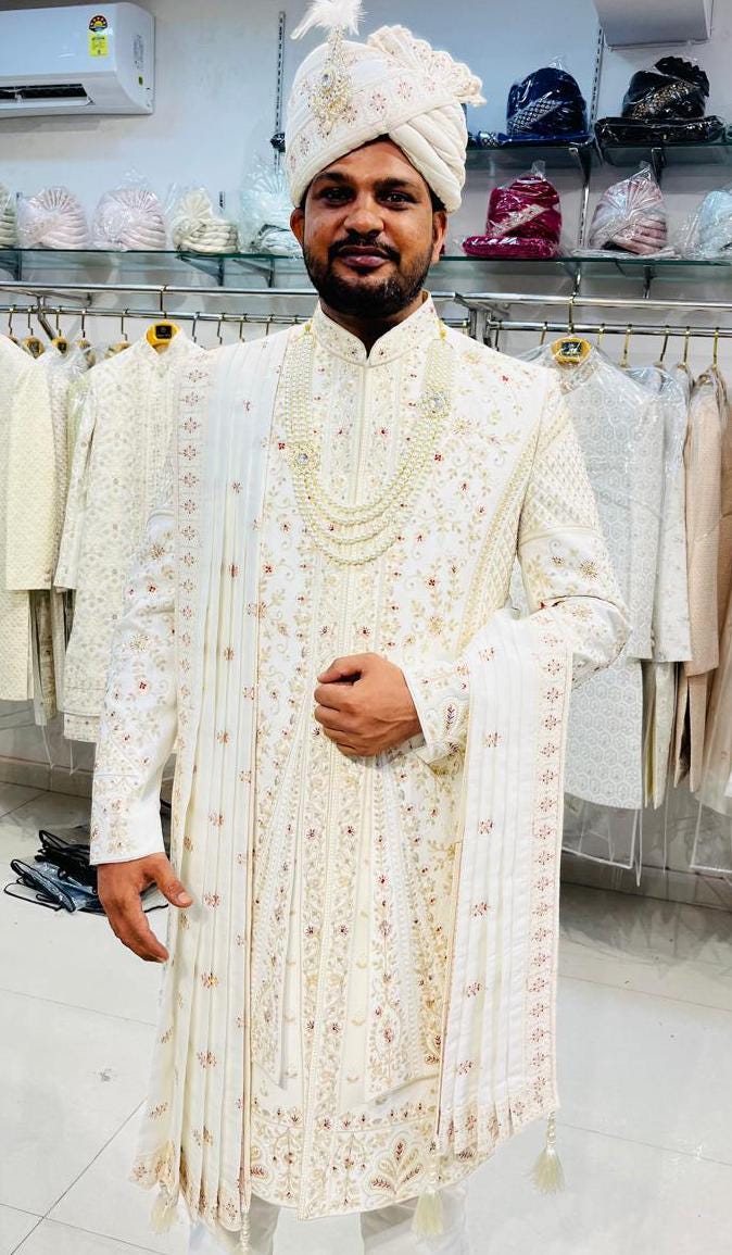 Ivory Embroidered Sherwani Set, Indian Groom Outfit