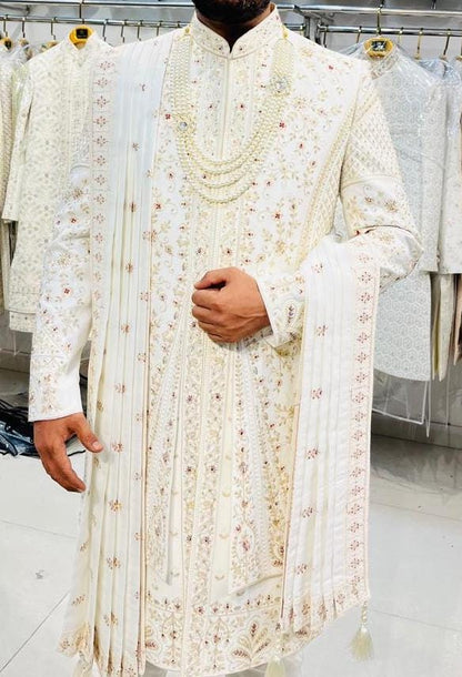 Ivory Embroidered Sherwani Set, Indian Groom Outfit