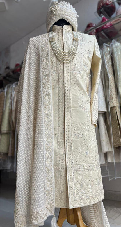 Thread Embroidered Sherwani: Indian Wedding Groom Outfit