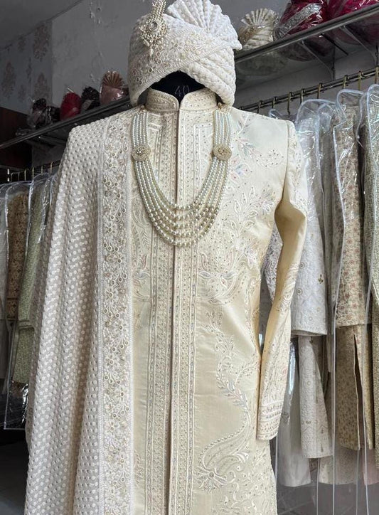 Thread Embroidered Sherwani: Indian Wedding Groom Outfit