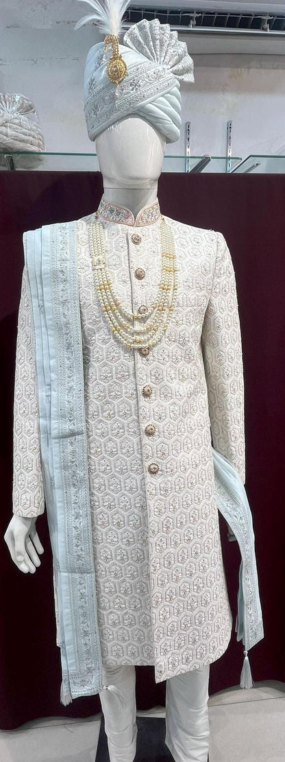 Grey Wedding Turban & Shawl Set: Indian Groom Ensemble