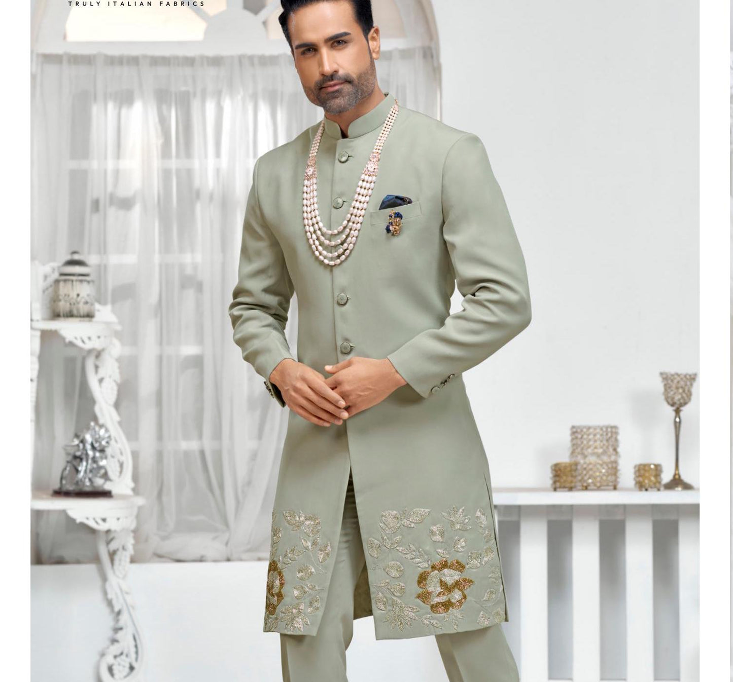 Sage Green Sherwani Set, Golden Zardozi Embroidery Groom Outfit,