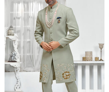Sage Green Sherwani Set, Golden Zardozi Embroidery Groom Outfit,