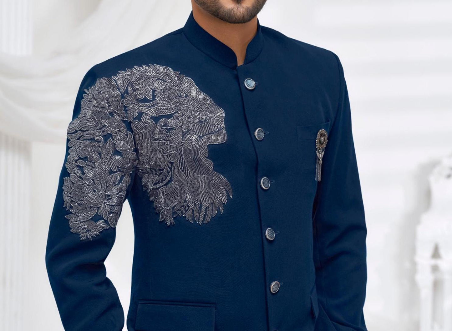 Blue Jodhpuri Suit: Men's Hand-Worked Indian Wedding Outfit