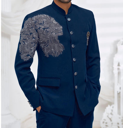 Blue Jodhpuri Suit: Men's Hand-Worked Indian Wedding Outfit