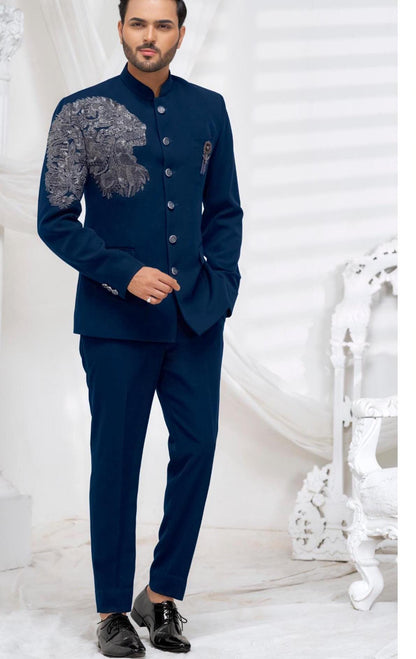 Blue Jodhpuri Suit: Men's Hand-Worked Indian Wedding Outfit
