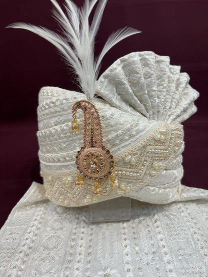 Ivory Wedding Turban & Shawl Set: Indian Groom Safa