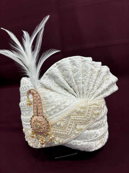 Ivory Wedding Turban & Shawl Set: Indian Groom Safa