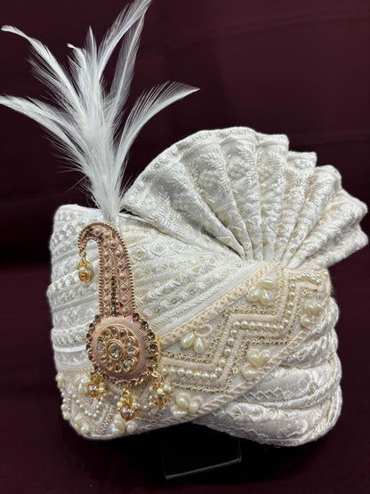 Ivory Wedding Turban & Shawl Set: Indian Groom Safa
