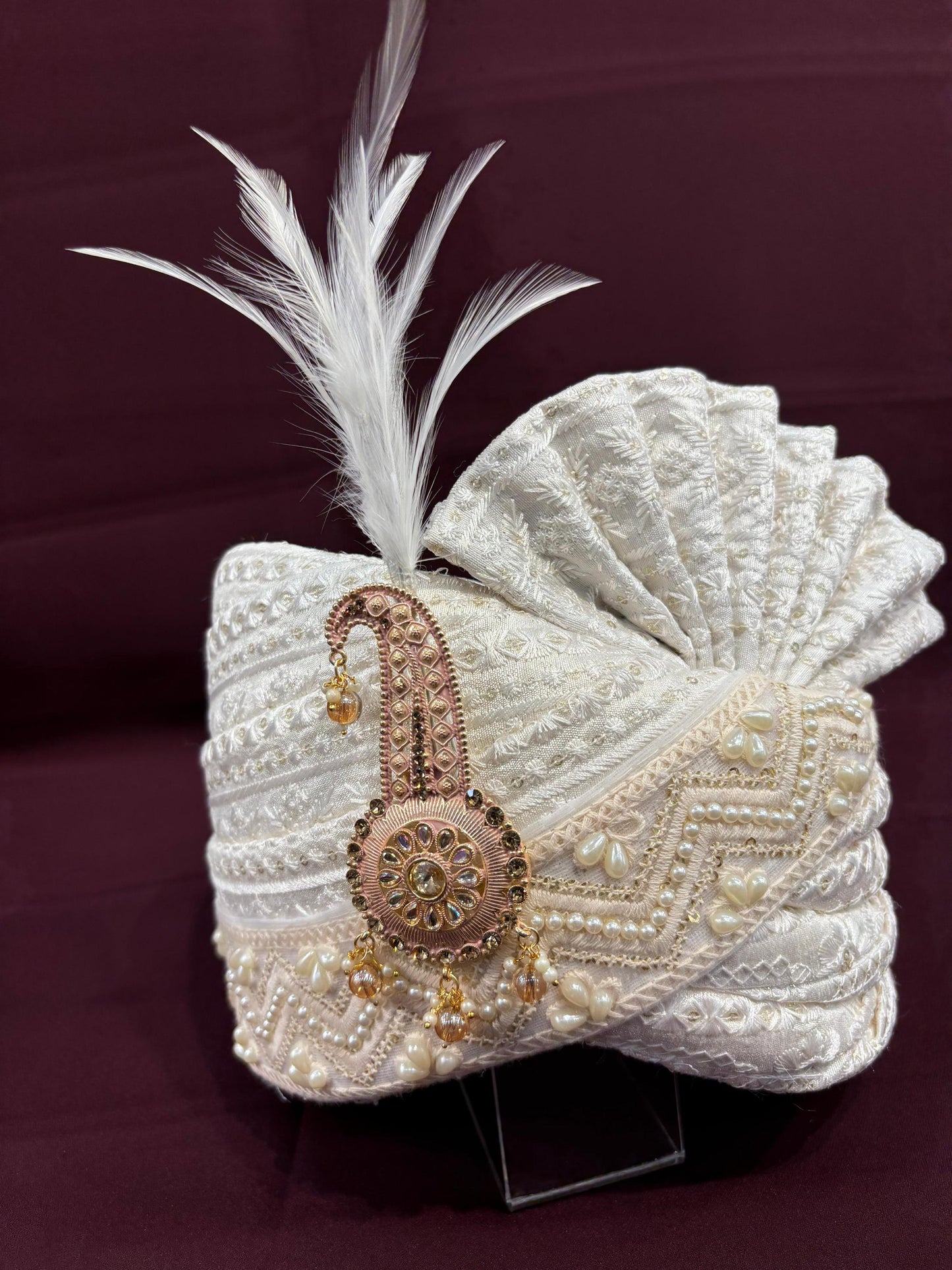 Ivory Wedding Turban & Shawl Set: Indian Groom Safa