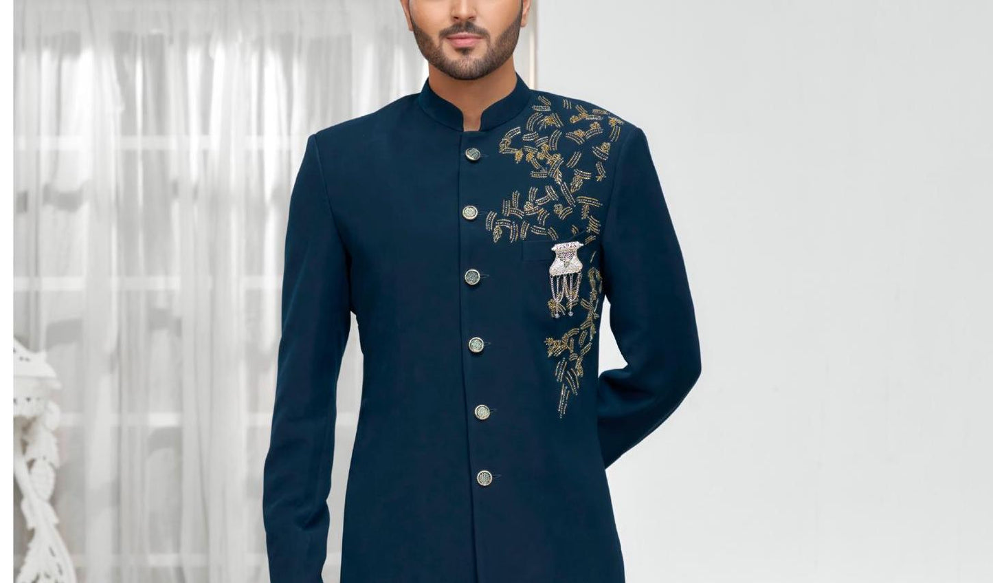 Blue Sherwani for Groom: Bollywood Bandhgala Suit