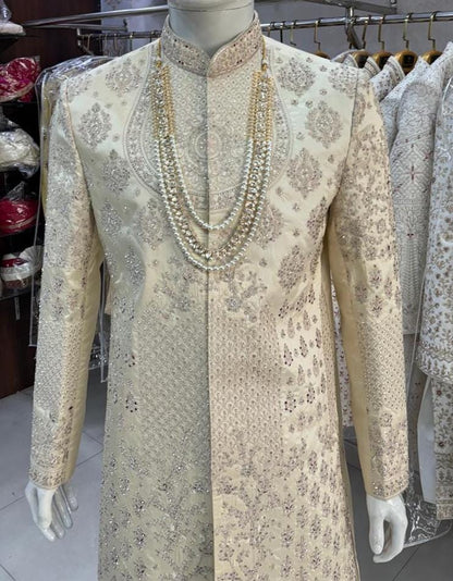 Beige Sherwani for Groom: Indian Wedding Outfit