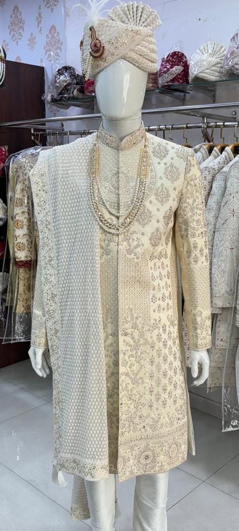 Beige Sherwani for Groom: Indian Wedding Outfit