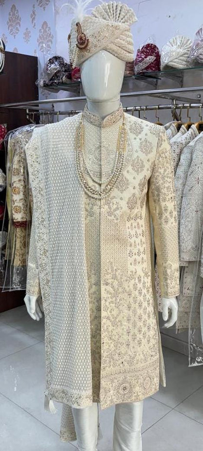Beige Sherwani for Groom: Indian Wedding Outfit