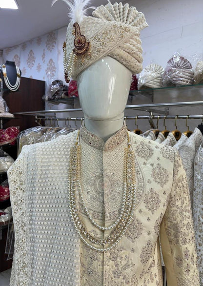 Beige Sherwani for Groom: Indian Wedding Outfit