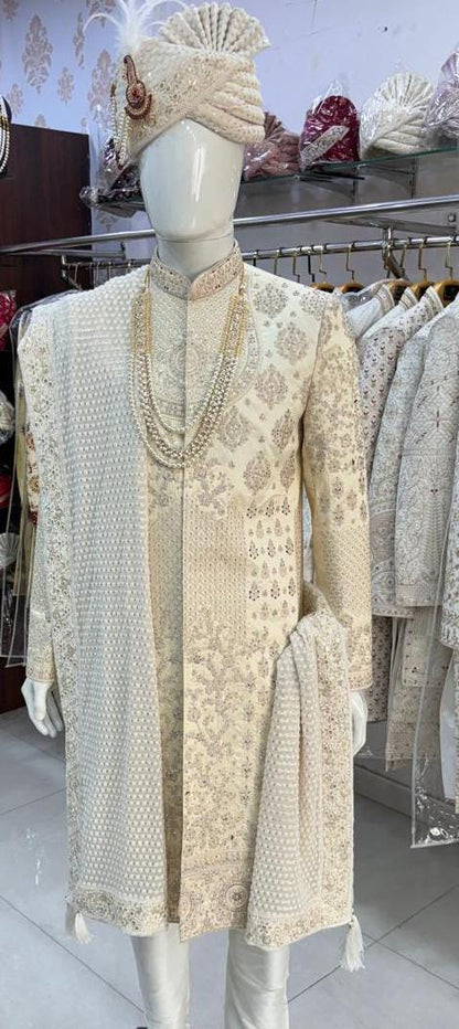 Beige Sherwani for Groom: Indian Wedding Outfit