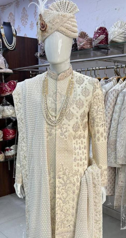 Beige Sherwani for Groom: Indian Wedding Outfit