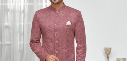 Thread Embroidered Sherwani: Dusty Rose Indo Western Groom Outfit