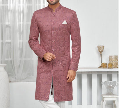 Thread Embroidered Sherwani: Dusty Rose Indo Western Groom Outfit