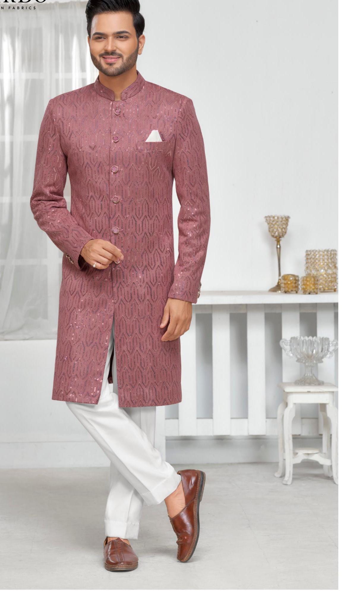 Thread Embroidered Sherwani: Dusty Rose Indo Western Groom Outfit