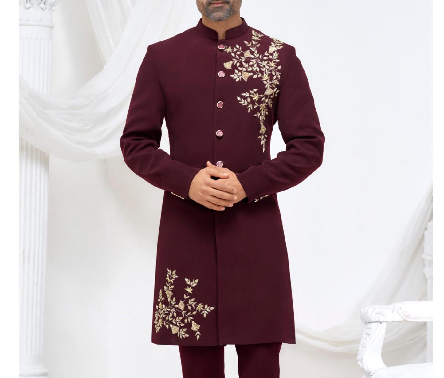 Maroon Groom Sherwani: Indian Wedding Outfit with Embroidery