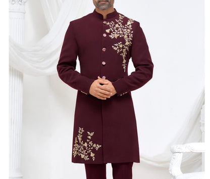 Maroon Groom Sherwani: Indian Wedding Outfit with Embroidery