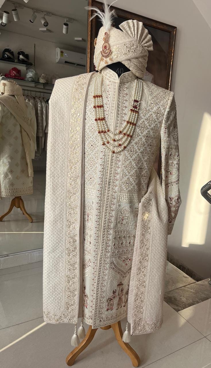 Elegant Ivory Sherwani for Groom, Custom Outfit for Indian Wedding