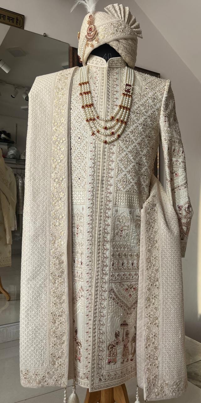 Elegant Ivory Sherwani for Groom, Custom Outfit for Indian Wedding