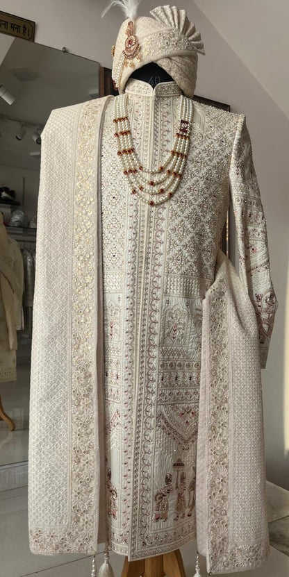 Elegant Ivory Sherwani for Groom, Custom Outfit for Indian Wedding