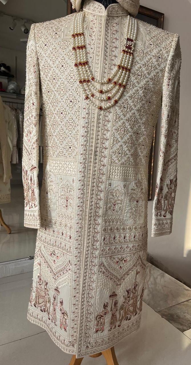 Elegant Ivory Sherwani for Groom, Custom Outfit for Indian Wedding