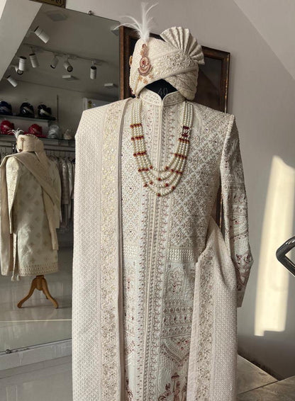 Elegant Ivory Sherwani for Groom, Custom Outfit for Indian Wedding