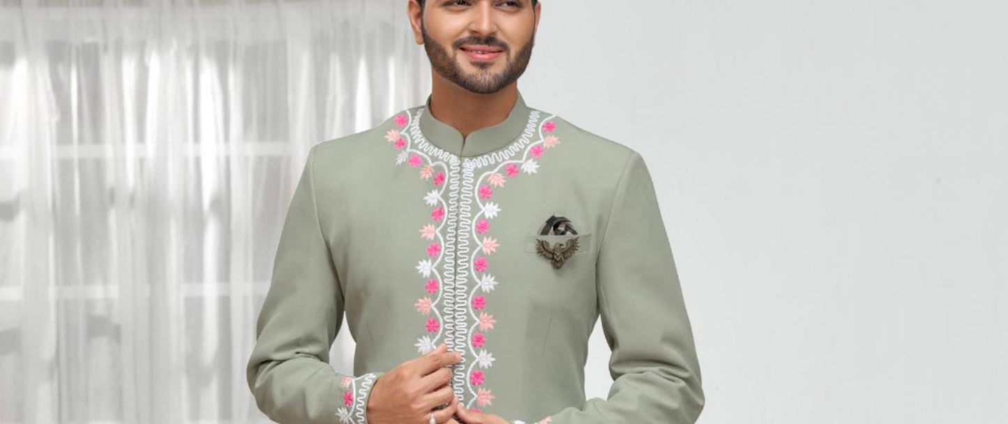 Sage Green Embroidered Jodhpuri Suit: Terry Rayon Groom Wedding Outfit