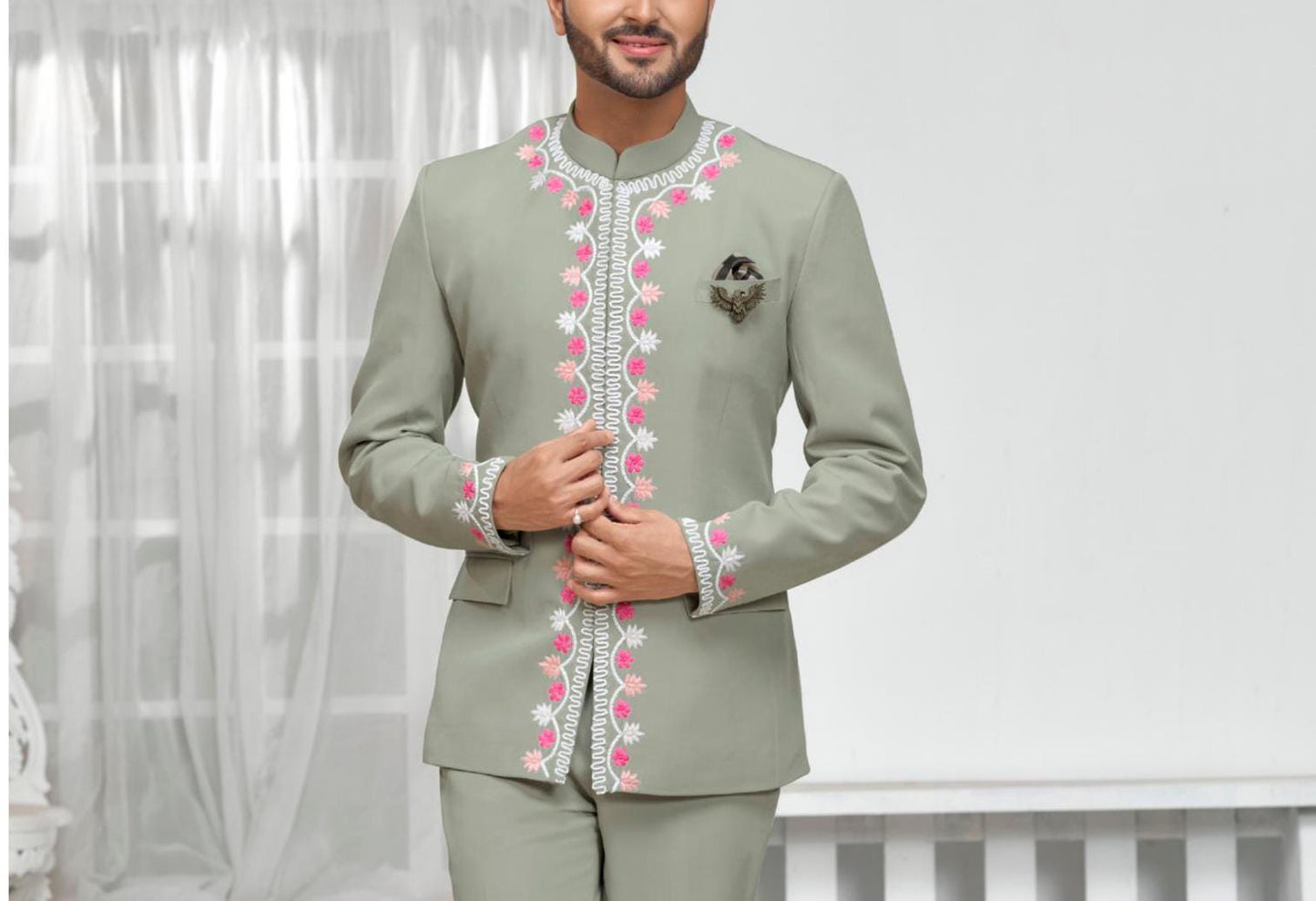 Sage Green Embroidered Jodhpuri Suit: Terry Rayon Groom Wedding Outfit