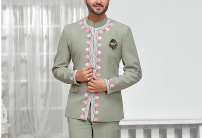 Sage Green Embroidered Jodhpuri Suit: Terry Rayon Groom Wedding Outfit