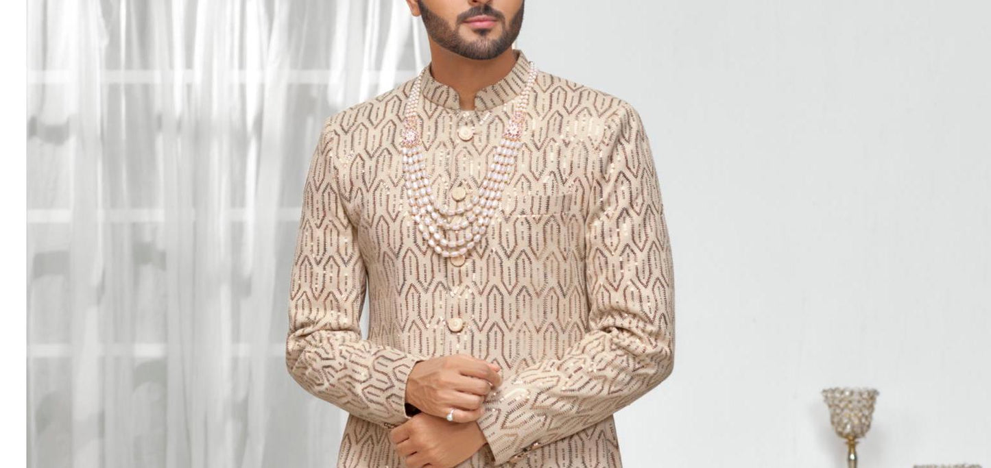 Handcrafted Golden Wedding Sherwani, Indian Groom Attire