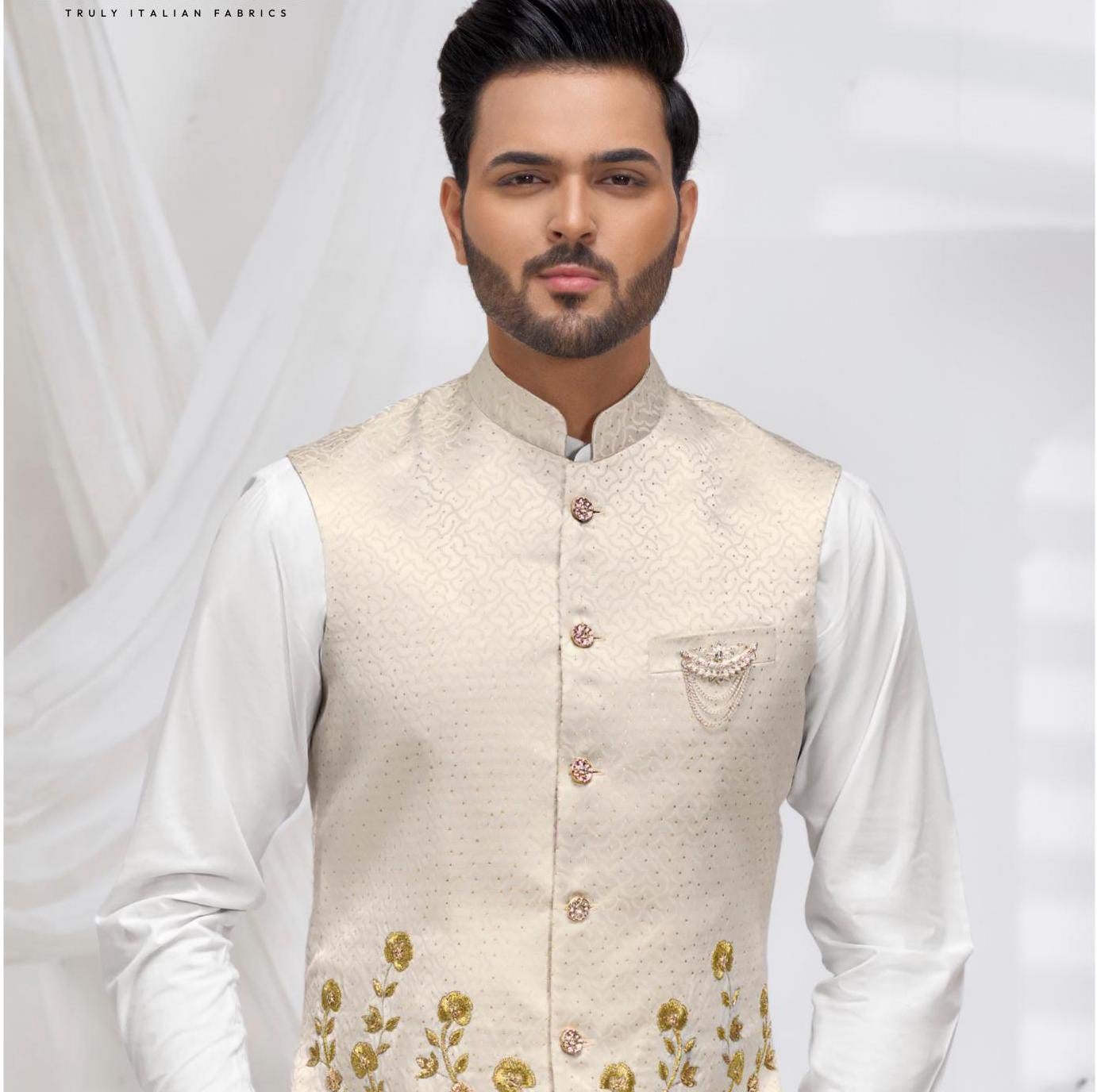 Cream Nehru Jacket: Embroidered Modi Jacket, Groom Wedding Waistcoat
