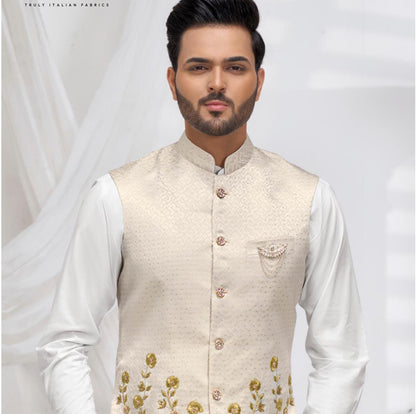 Cream Nehru Jacket: Embroidered Modi Jacket, Groom Wedding Waistcoat