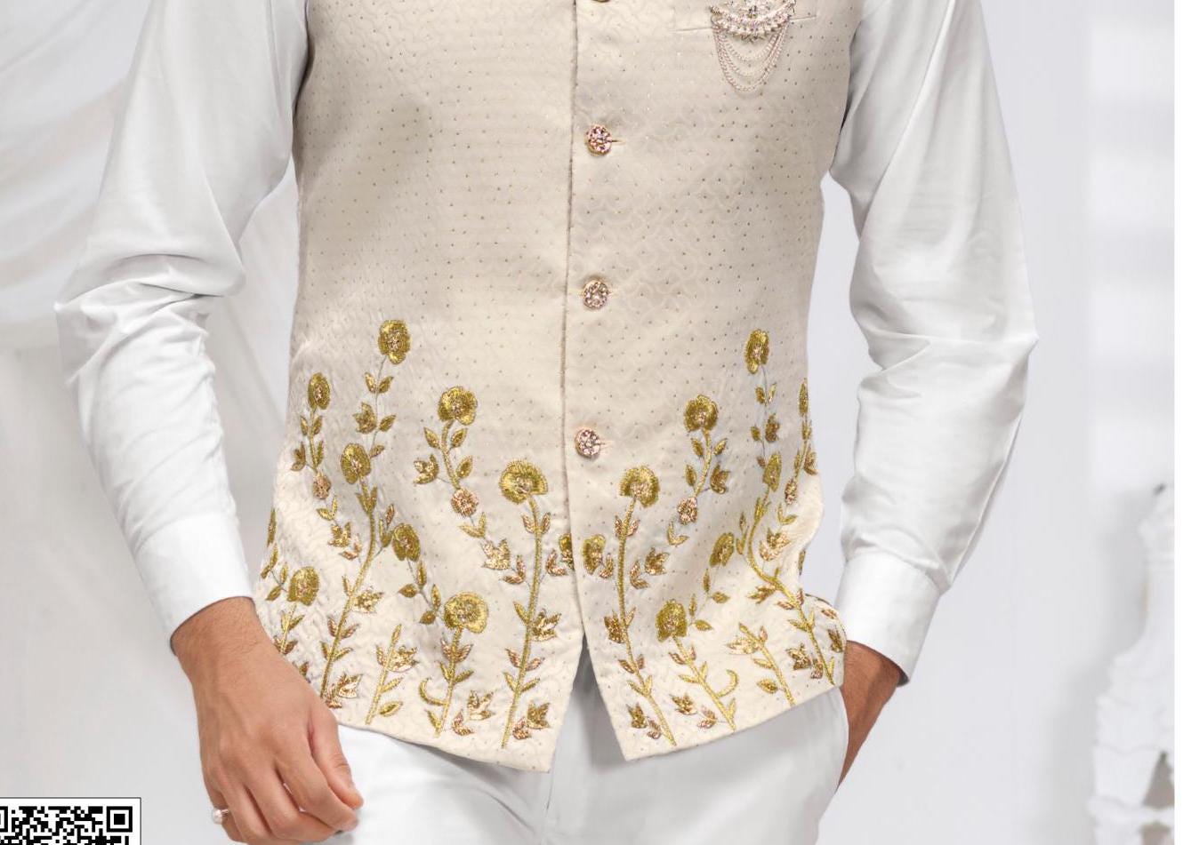 Cream Nehru Jacket: Embroidered Modi Jacket, Groom Wedding Waistcoat