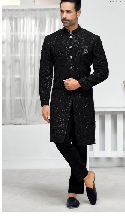 Majestic Black Handwork Sherwani: Indo Western Groom Outfit