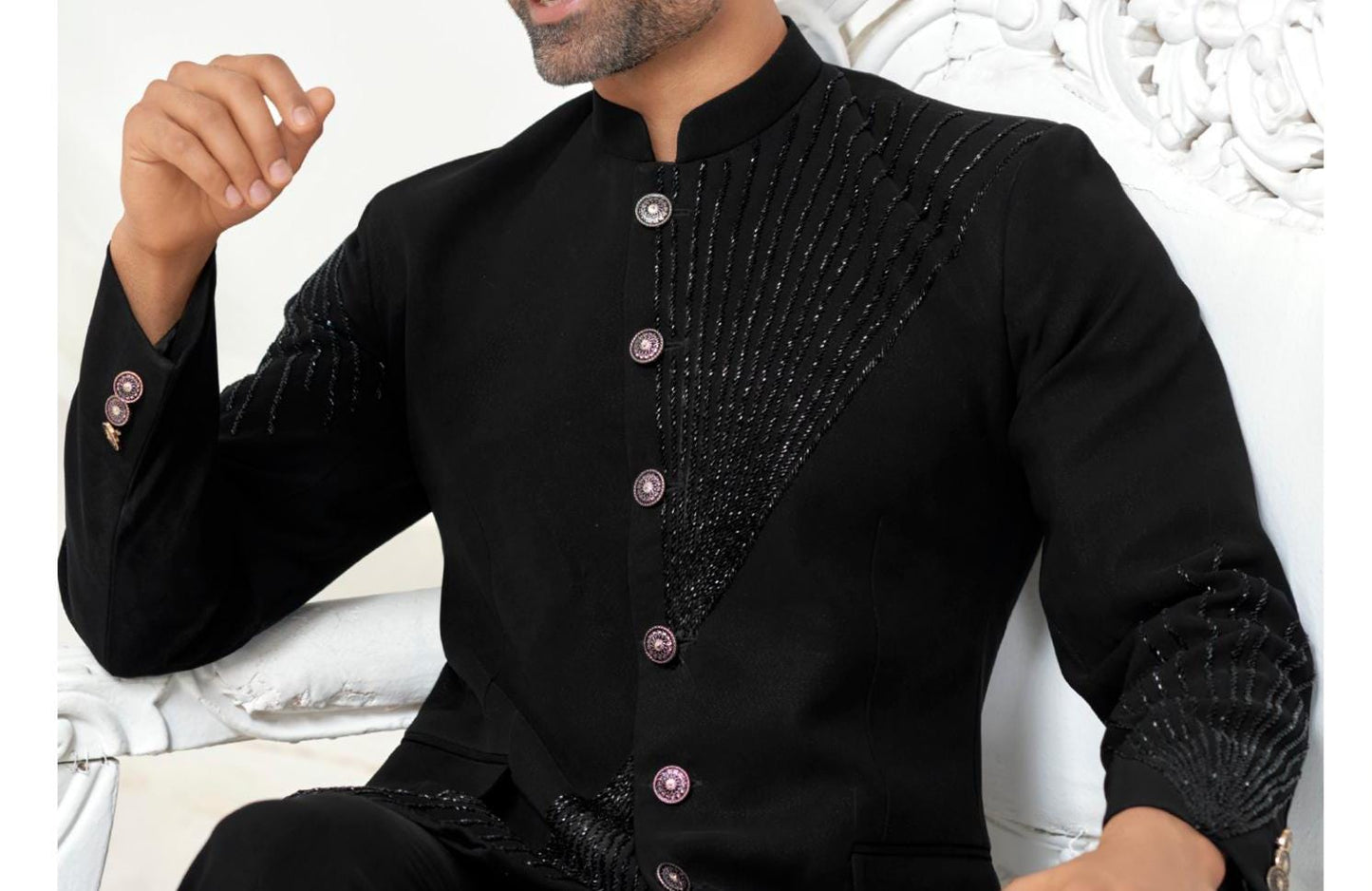 Elegant Black Handwork Jodhpuri Suit: Indian Groom Wedding Outfit