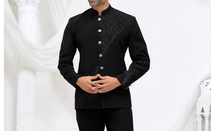 Elegant Black Handwork Jodhpuri Suit: Indian Groom Wedding Outfit