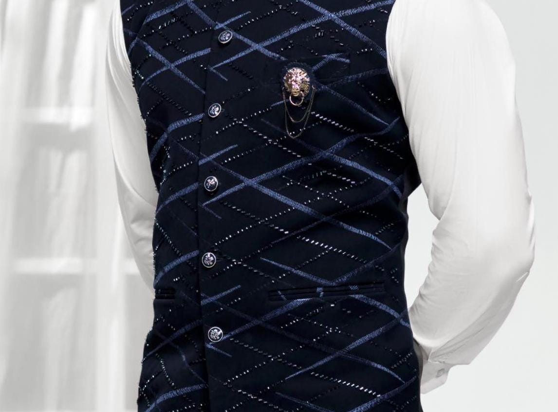 Blue Nehru Jacket: Men's Wedding Groom Handwork Waistcoat