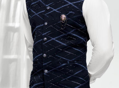 Blue Nehru Jacket: Men's Wedding Groom Handwork Waistcoat