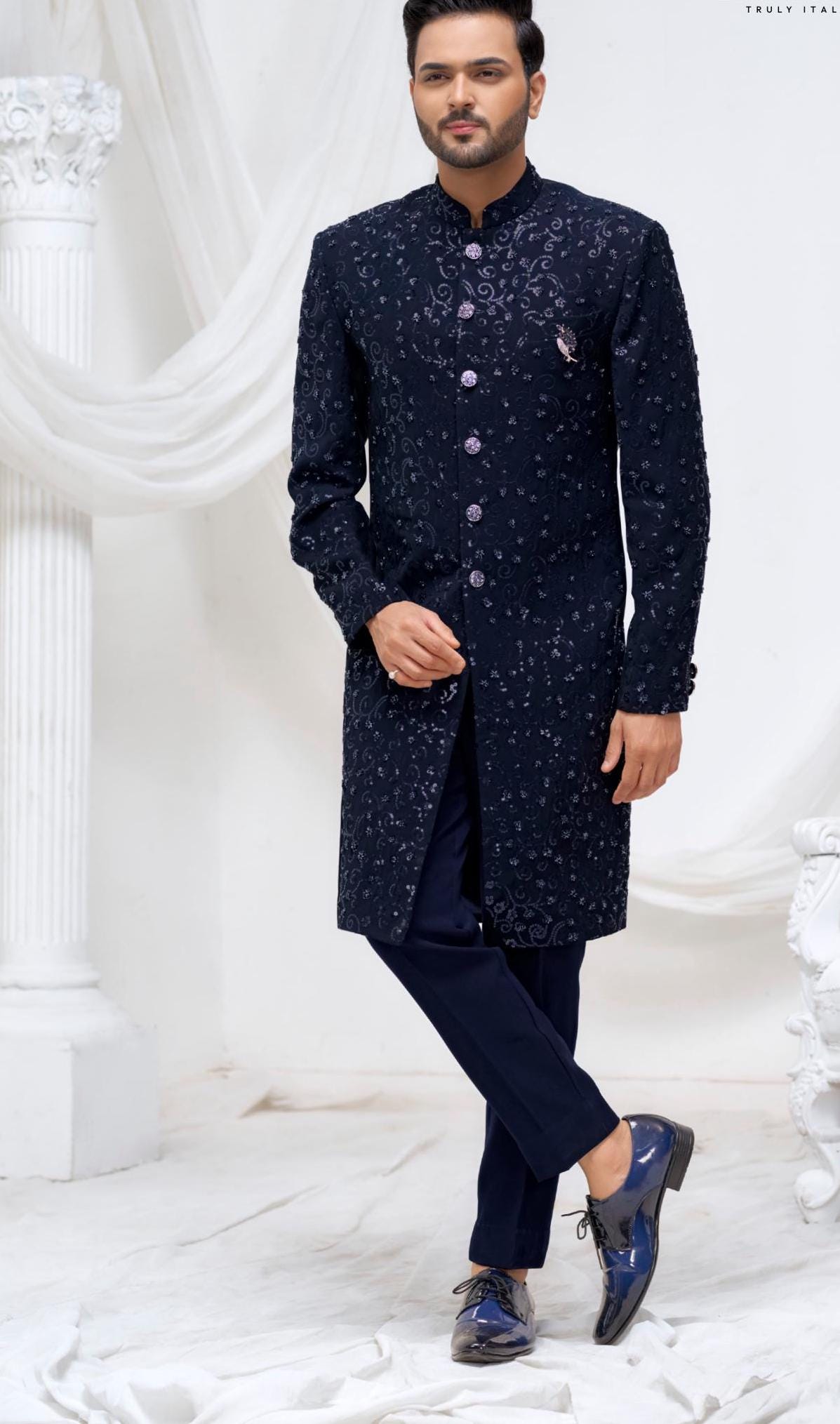 Blue Handwork Sherwani: Bollywood Groom Jodhpuri Suit