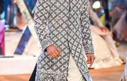Black Silver Velvet Sherwani, Bollywood Achkan, Groom Wedding Attire