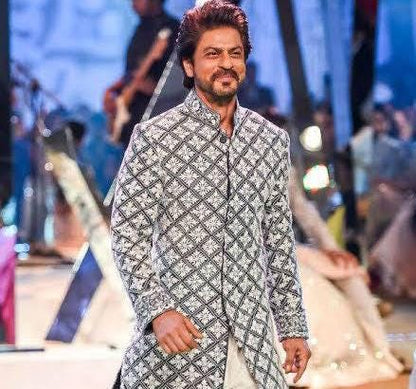 Black Silver Velvet Sherwani, Bollywood Achkan, Groom Wedding Attire