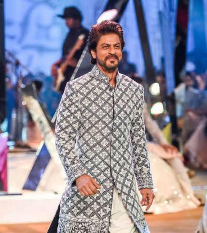 Black Silver Velvet Sherwani, Bollywood Achkan, Groom Wedding Attire