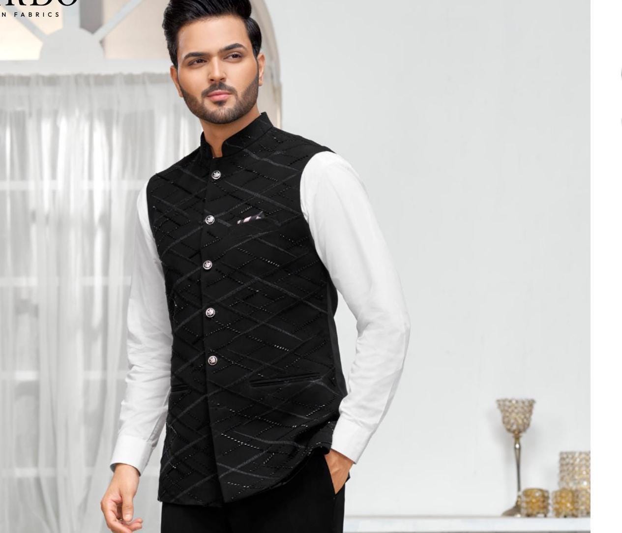 Handwork Printed Black Nehru Jacket: Indian Wedding Groom Attire