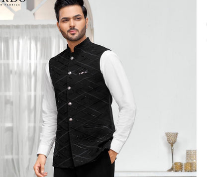 Handwork Printed Black Nehru Jacket: Indian Wedding Groom Attire